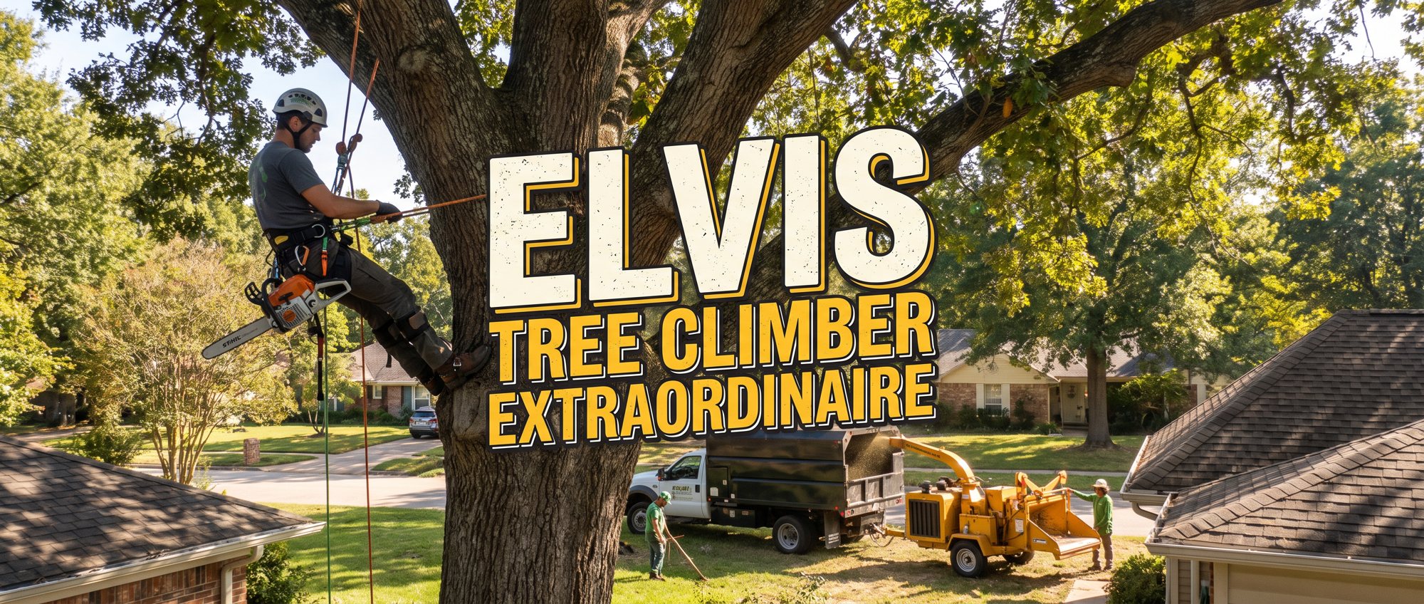 Elvis Tree Climber Extraordinaire crew trimming an oak tree with a chipper truck below - tree service Palm Coast, FL